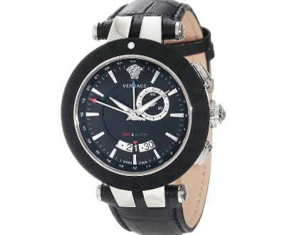 Dual-Time Black Leather Strap Watch