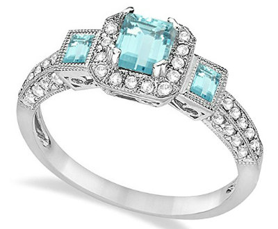 Aquamarine and Diamond Princess Ring
