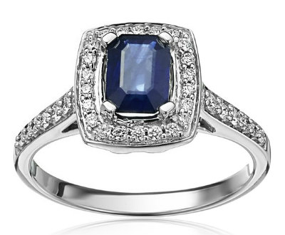 Blue Sapphire and Diamond Emerald Cut Ring