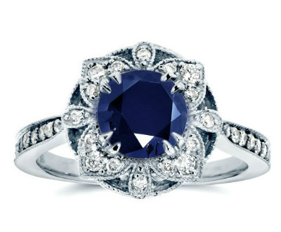 Blue Sapphire and Diamond Engagement Ring