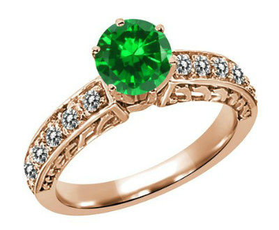Rose Gold Emerald White Diamond Ring