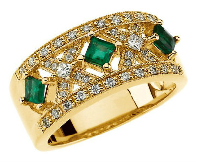 Yellow Gold Emerald Diamond Band Ring