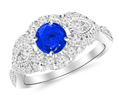 Blue Sapphire and Diamond Round Cut Ring