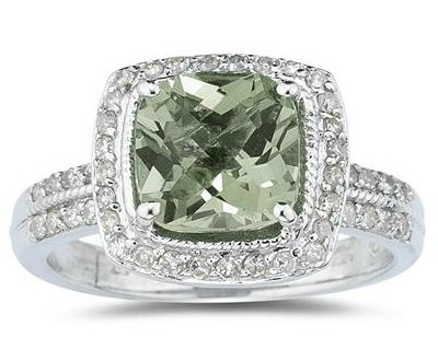 Cushion Cut Green Amethyst and Diamond Ring